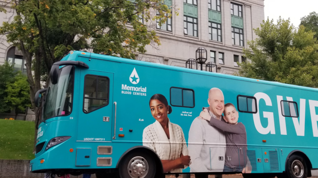 Memorial Blood Centers mobile blood donation bus.